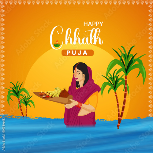 Happy Chhath Puja vector design holiday abstract background for sun festival of India.