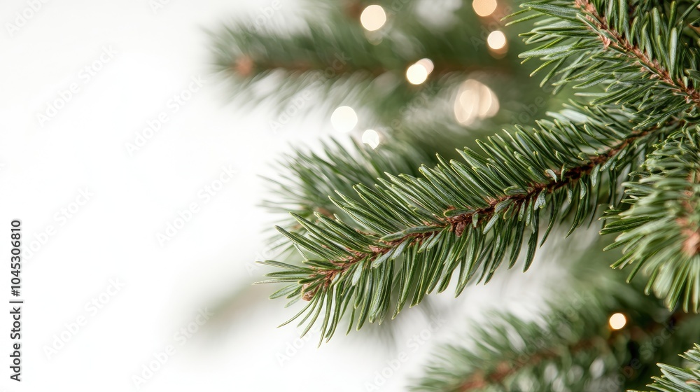 Close-up of a Christmas tree branch with soft lighting. Close-up of a Christmas tree branch with soft lighting.