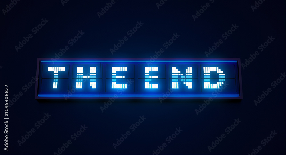 Neon sign displaying THE END in glowing blue lights Neon sign displaying THE END in glowing blue lights