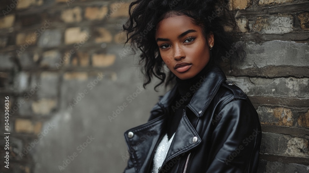 Confident woman in stylish leather jacket poses by rustic stone wall. Her effortless beauty shines through effortlessly in this urban setting. Confident woman in stylish leather jacket poses by rustic stone wall. Her effortless beauty shines through effortlessly in this urban setting.