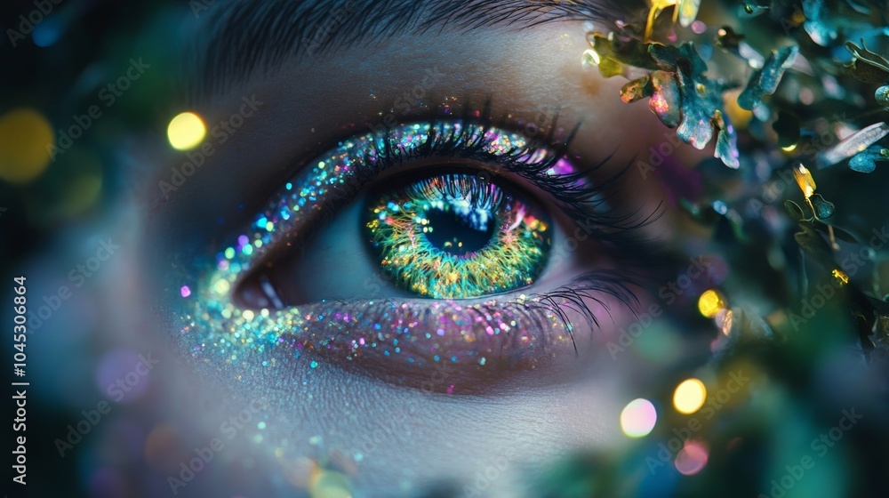 A mesmerizing close-up of a sparkling eye surrounded by colorful lights and glitter, capturing beauty and enchantment in detail. A mesmerizing close-up of a sparkling eye surrounded by colorful lights and glitter, capturing beauty and enchantment in detail.