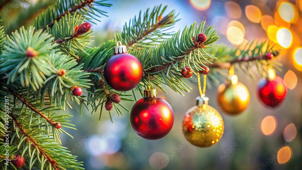 Christmas decorations on a pine tree branch Low Angle Christmas decorations on a pine tree branch Low Angle