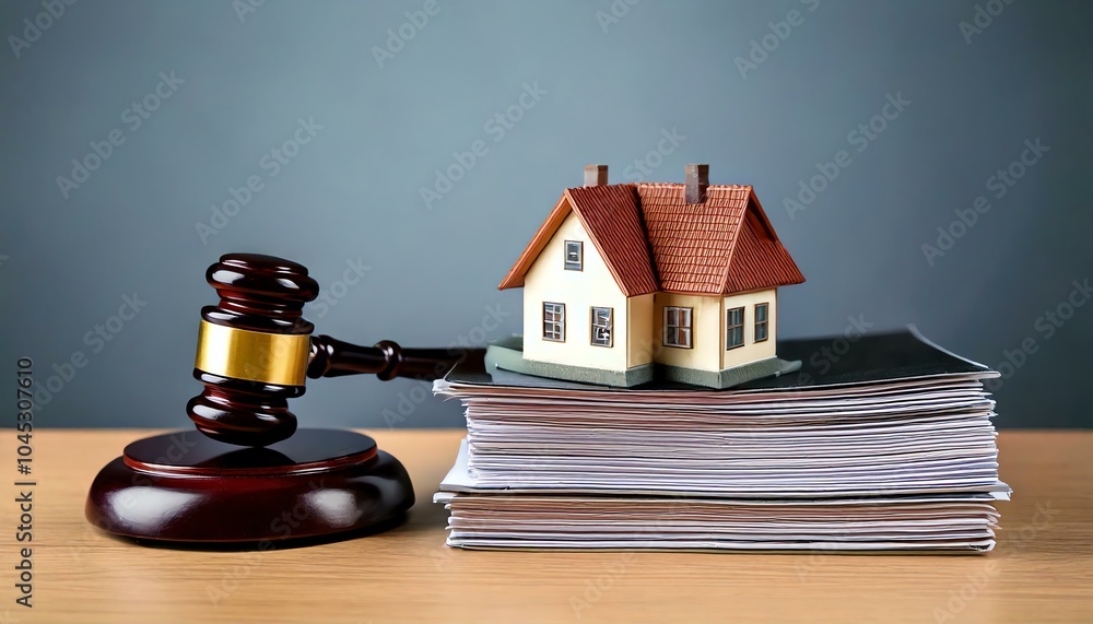 Gavel with model house on legal documents Gavel with model house on legal documents