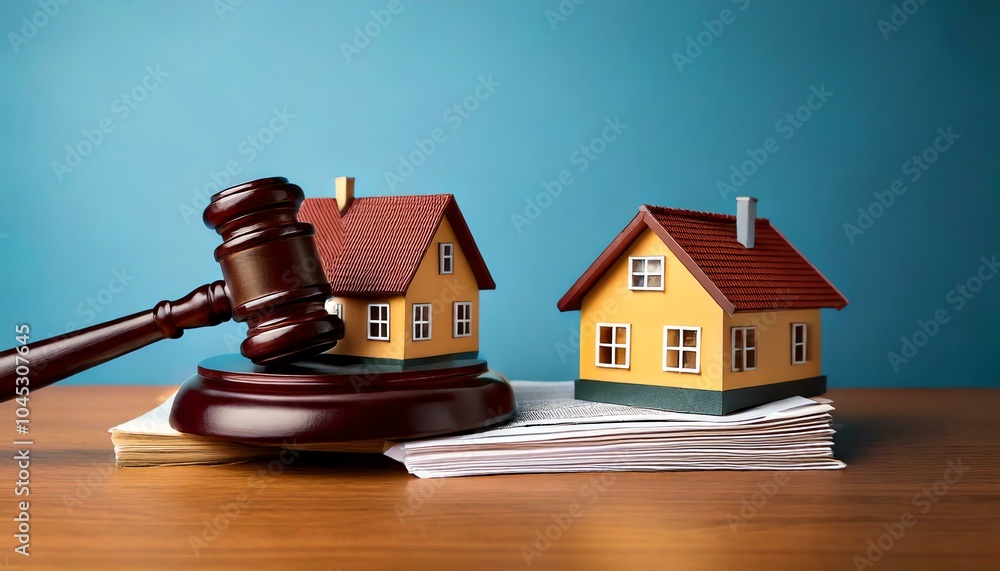Gavel and model houses on a table. Gavel and model houses on a table.