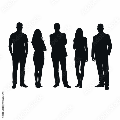 Five silhouettes of people standing together, including two men and three women of varying heights and builds