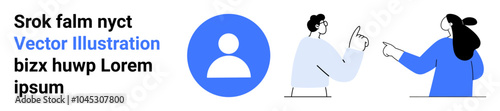 Scene with two abstract figures engaged in discussion and a profile icon. Ideal for business meetings, teamwork, collaboration, online profiles, and communication themes. Banner for landing page