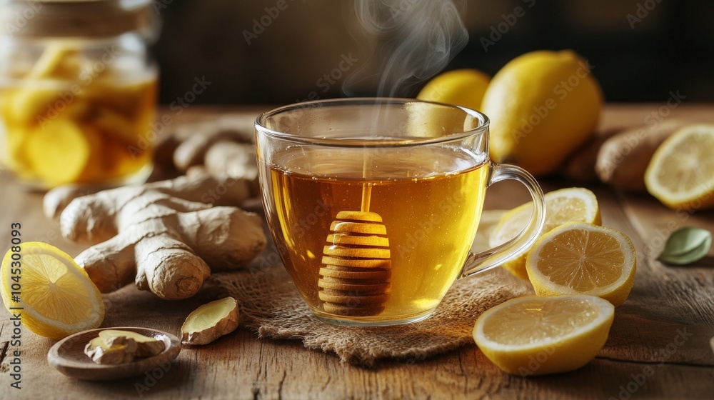 A glass of ginger tea steaming on a wooden table, with ginger root, honey, and lemon slices neatly placed around, capturing a wholesome and comforting breakfast concept A glass of ginger tea steaming on a wooden table, with ginger root, honey, and lemon slices neatly placed around, capturing a wholesome and comforting breakfast concept