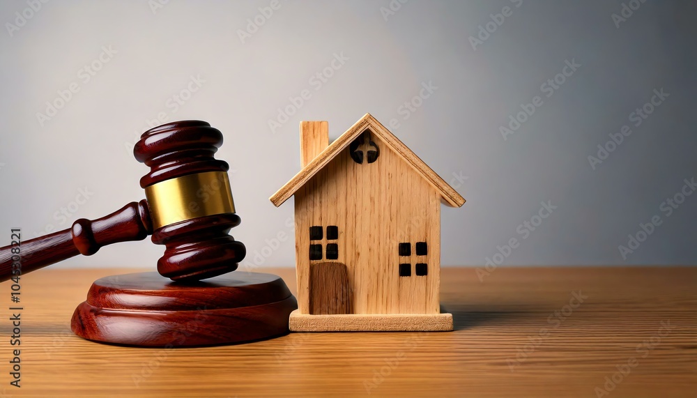 Gavel and wooden house on table, law concept Gavel and wooden house on table, law concept