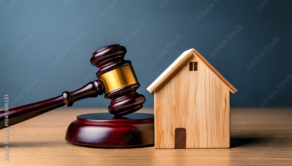 Gavel and wooden house on table Gavel and wooden house on table