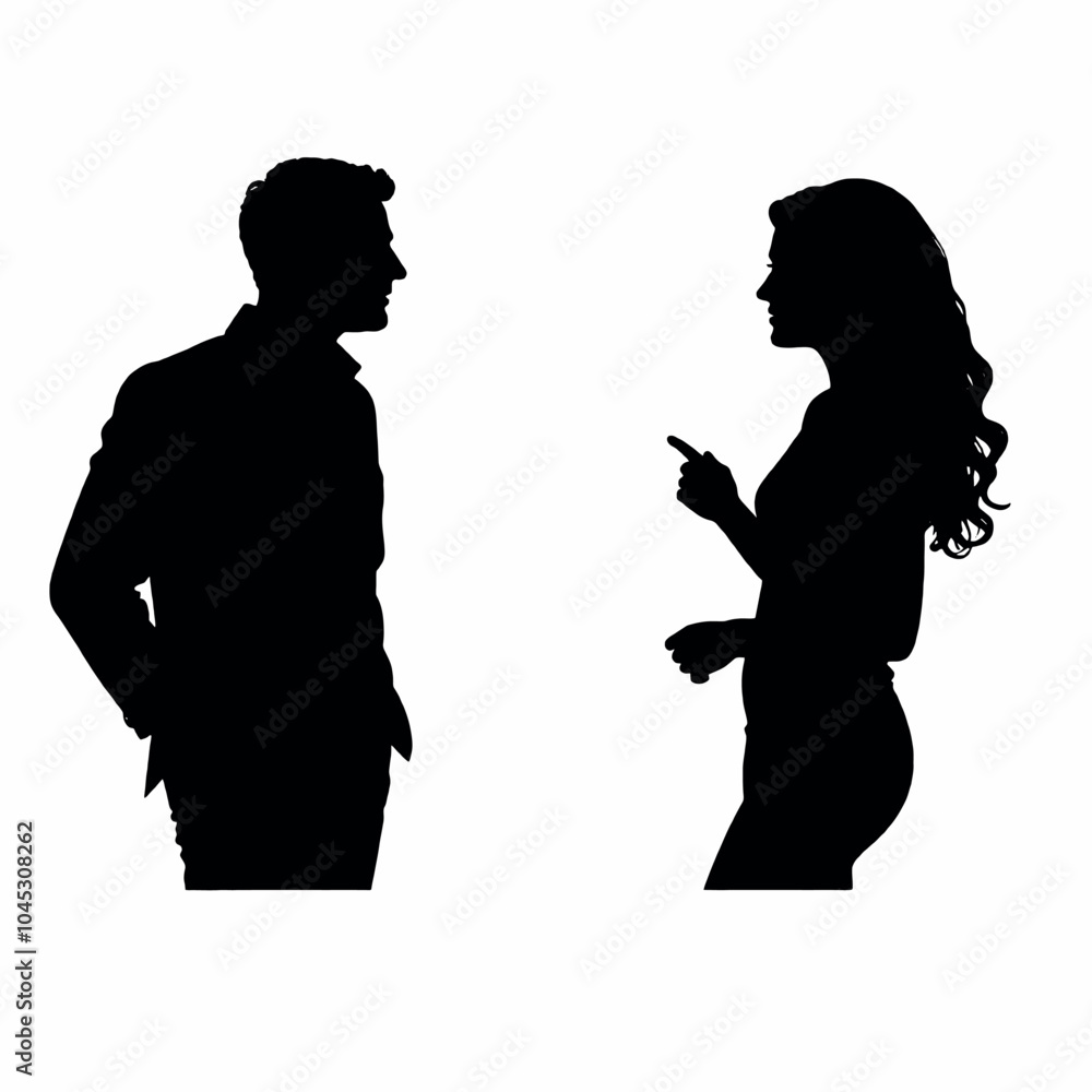 Silhouettes of a man and a woman standing together, facing each other in a white background Silhouettes of a man and a woman standing together, facing each other in a white background