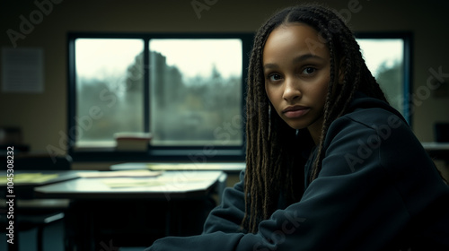 Black female student with piercing gaze and dejected demeanor sitting alone in dark classroom detained embodying the hopelessness of an outdated educational system with bleak weather outside photo