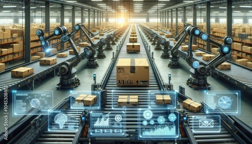 AI-Driven Logistics: Futuristic Automated Warehouse with Advanced Parcel Sorting, Real-Time Tracking, and AI-Enhanced Systems for Efficient Package Management and Delivery