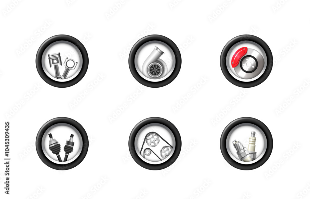 Car parts set. Vector 3D icons isolated on white background. Car parts set. Vector 3D icons isolated on white background.