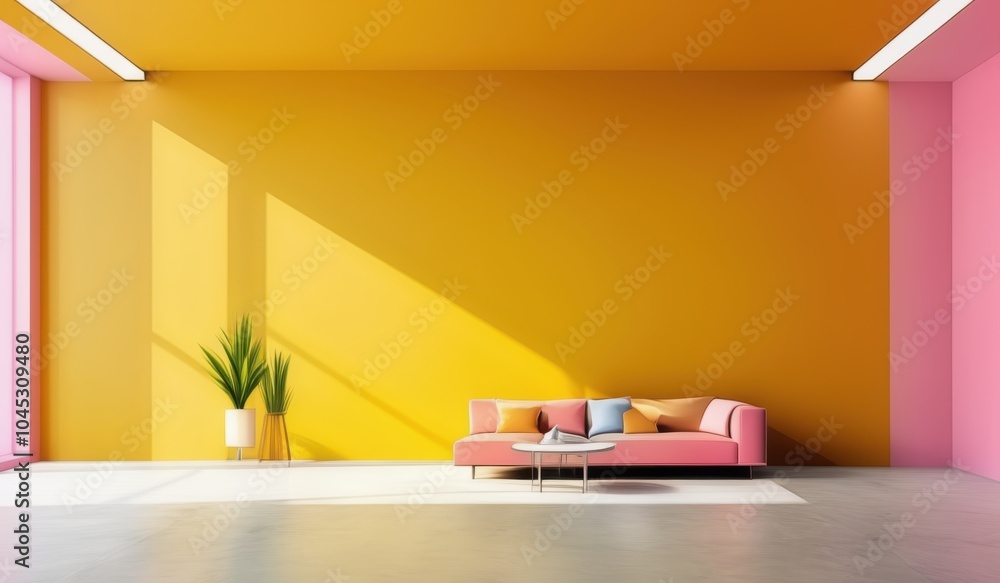 a brightly colored room with a pink couch and a plant walls with tone of yellow a brightly colored room with a pink couch and a plant walls with tone of yellow