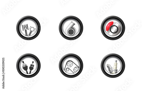 Car parts set. Vector 3D icons isolated on white background.