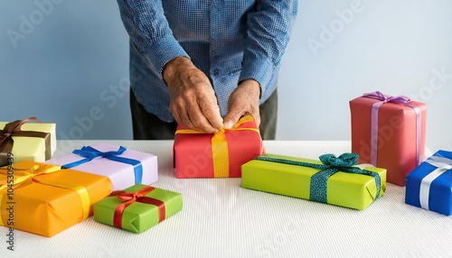 Elderly Man wrapping colorful christmas gift box 