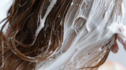 A creamy hair moisturizer being applied to dry, brittle hair, showing the hydration effects immediately photo