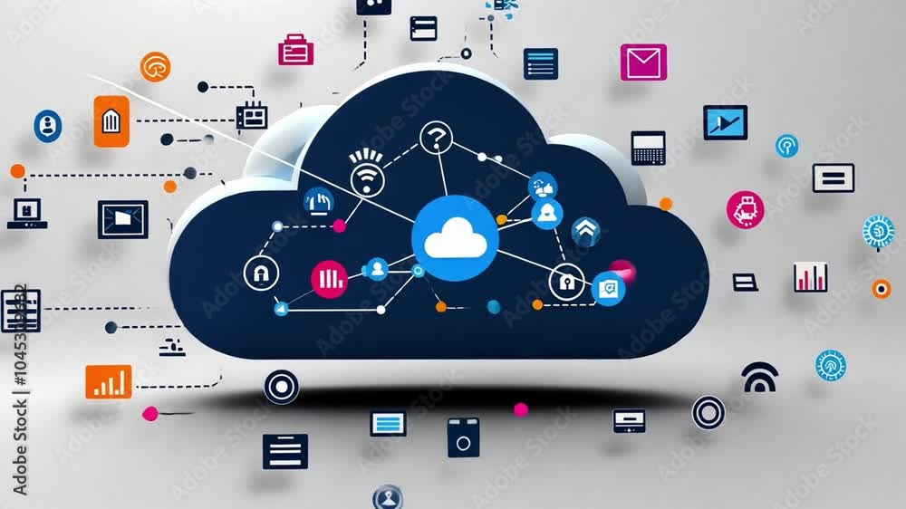 An animated representation of cloud computing technology with colorful graphics and symbols