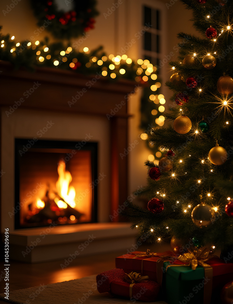 Sparkling decorations adorn a Christmas tree near a warm fireplace lit with soft evening lights. Sparkling decorations adorn a Christmas tree near a warm fireplace lit with soft evening lights.