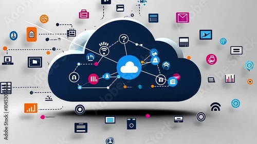 An animated representation of cloud computing technology with colorful graphics and symbols