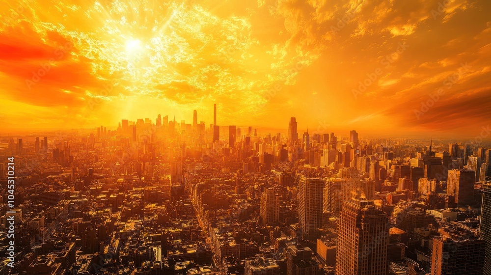 Fototapeta premium Urban heat islands and their amplification of global warming, with dense cities absorbing heat.