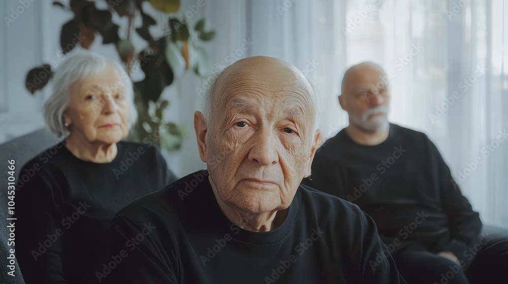 A diverse group of seniors in black T-shirts sits together in a sunlit modern loft A diverse group of seniors in black T-shirts sits together in a sunlit modern loft