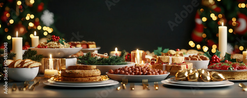 Merry Christmas in glittering gold letters floating above a festive dinner table, filled with holiday food and warm candlelight