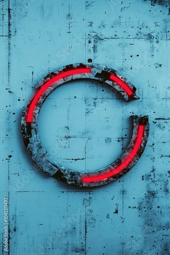 A concrete segmented circle with a red line resembling a broken electric circuit, against a blue concrete wall background, in a grunge and cyberpunk style