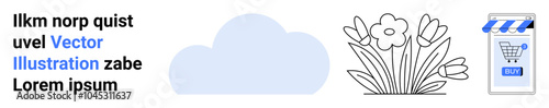 Blue cloud, flowers with leaves and petals, and smartphone shopping app accompanied by text. Ideal for e-commerce, nature, technology, spring, and digital marketing themes. Banner for landing page