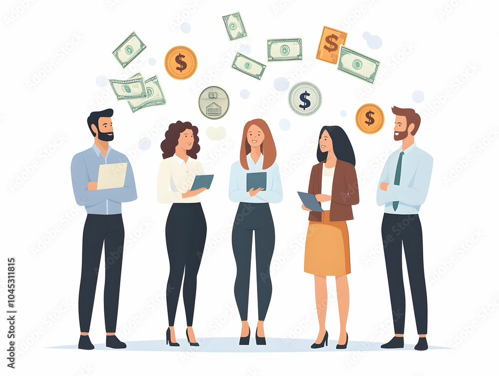 Flat Business Casual Group Discussing Strategies with Floating Currency Icons for Financial Planning, Collaborative Business Advertising, Simple Flat Vector Illustration on White Background Flat Business Casual Group Discussing Strategies with Floating Currency Icons for Financial Planning, Collaborative Business Advertising, Simple Flat Vector Illustration on White Background