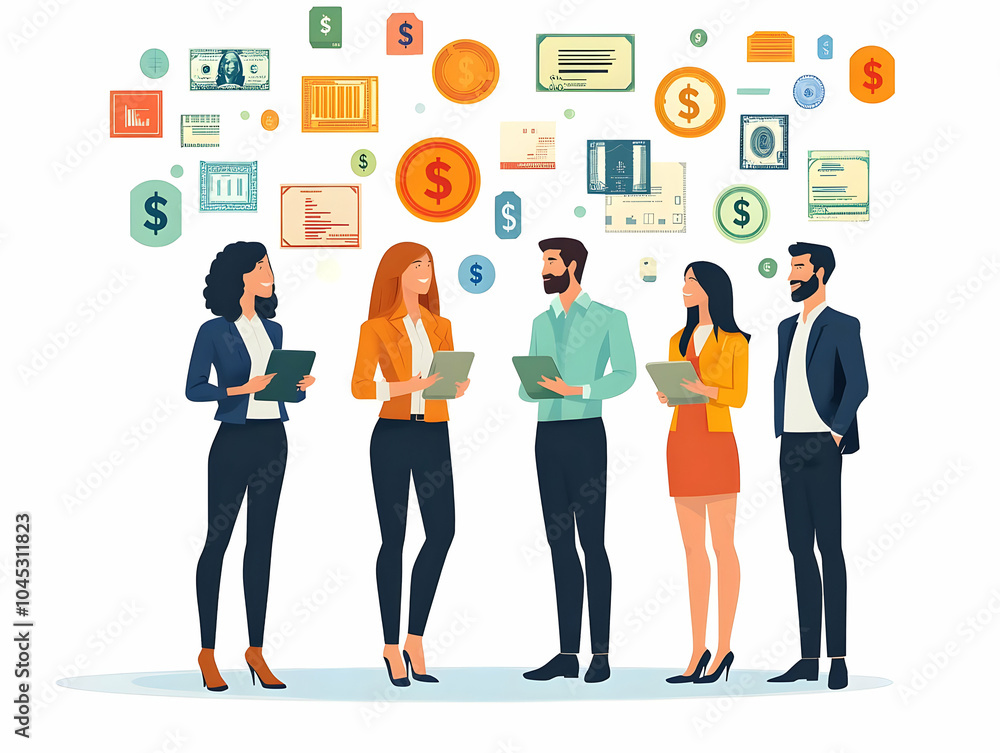 Flat Business Casual Group Discussing Financial Strategies with Floating Currency Icons - Candid Simple Vector Illustration Emphasizing Collaborative Financial Planning and Advertising with Ample Copy Flat Business Casual Group Discussing Financial Strategies with Floating Currency Icons - Candid Simple Vector Illustration Emphasizing Collaborative Financial Planning and Advertising with Ample Copy