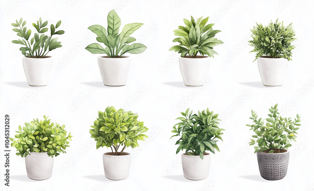 Watercolor house plants in pots clip art set, white background Watercolor house plants in pots clip art set, white background