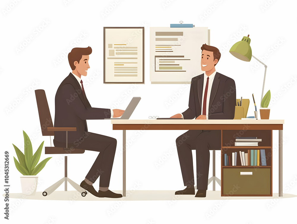 Flat Businessman Negotiating Advertising Rates with Media Representative in Modern Office, Candid Image of Professional Interaction Highlighted on White Background, Simple Flat Vector Illustration of Flat Businessman Negotiating Advertising Rates with Media Representative in Modern Office, Candid Image of Professional Interaction Highlighted on White Background, Simple Flat Vector Illustration of