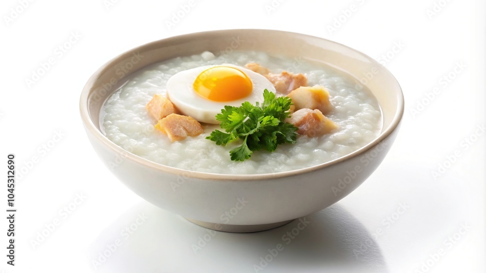 Chicken and rice porridge with egg in a white bowl on a white background Chicken and rice porridge with egg in a white bowl on a white background