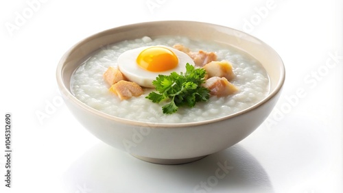 Chicken and rice porridge with egg in a white bowl on a white background