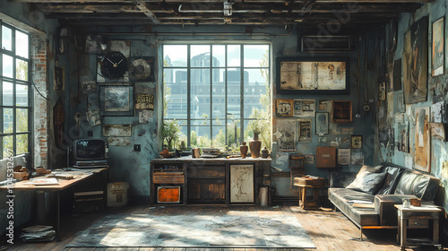 Wallpaper Mural This is a scrapyard style living room, with industrial lighting, raw walls, rotten vases, steel table tops, minimalism, exposed wires, gross details, high resolution and ultra high definition. Torontodigital.ca