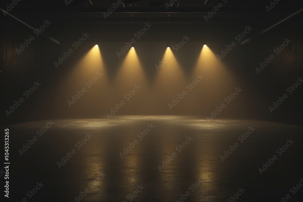 Black studio with minimal fog yellow spotlights lighting stage architecture. Black studio with minimal fog yellow spotlights lighting stage architecture.