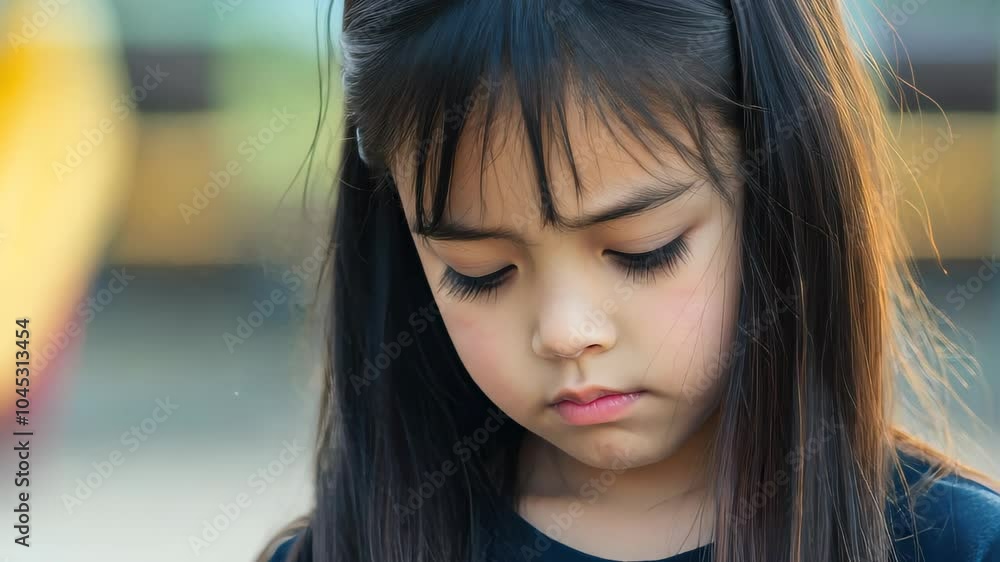 Stock minimalist photograph of a sad young Asian girl standing alone in ...
