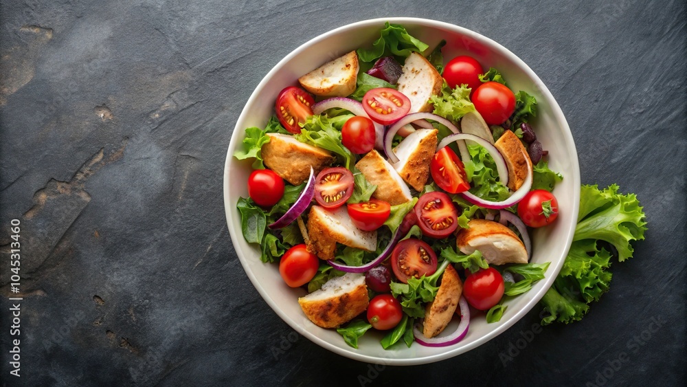Chicken salad with cherry tomatoes, red onion, lettuce in white bowl on dark grey background, high angle view Chicken salad with cherry tomatoes, red onion, lettuce in white bowl on dark grey background, high angle view