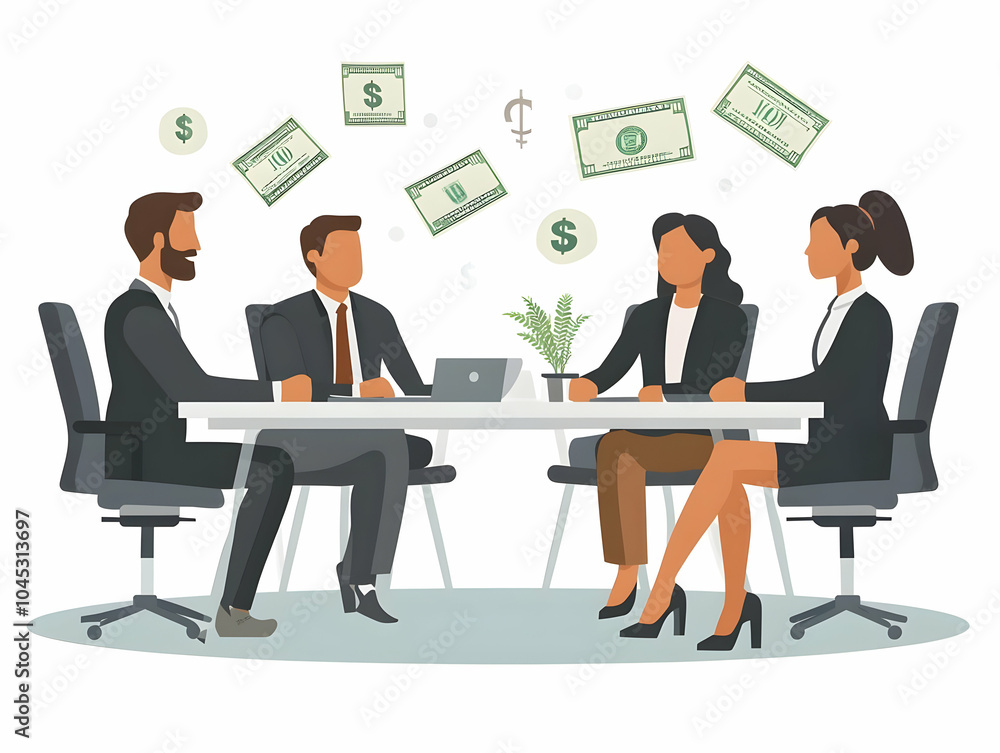 Flat Vector Illustration Candid Business Meeting Professionals Financial Discussion Floating Dollar Signs Business Strategies White Background Copy Space Smart Design Flat Vector Illustration Candid Business Meeting Professionals Financial Discussion Floating Dollar Signs Business Strategies White Background Copy Space Smart Design