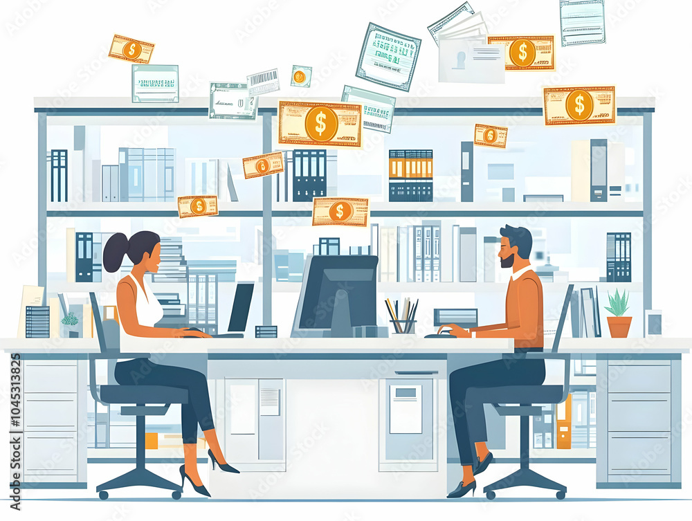 Flat Candid Office Scene Currency Symbols Promotional Banners Business Advertising Strategies Financial Management Vector Illustration