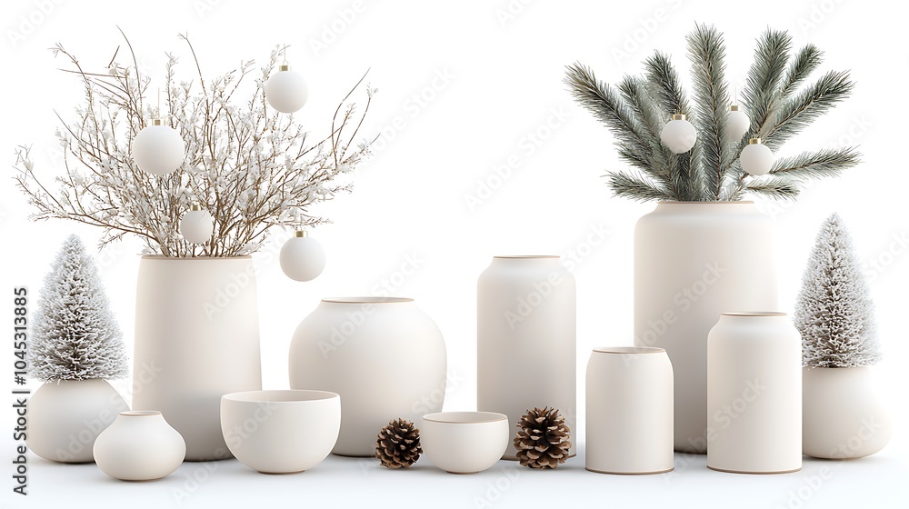 Elegant white vases with winter decor a cozy home aesthetic featuring pine cones and frosted trees Elegant white vases with winter decor a cozy home aesthetic featuring pine cones and frosted trees
