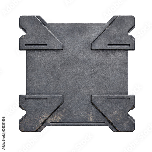 Textured metal plate with unique corners, white isolated background. photo