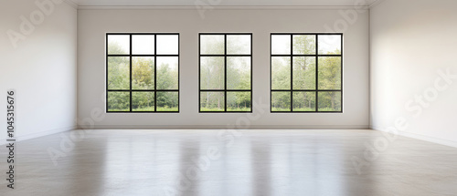Spacious room with large windows and natural light, minimalist style, white walls.