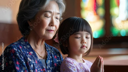 Asian grandmother and young granddaughter praying together quietly on a bench in a serene church setting. Minimal, sacred background with room for copy space.