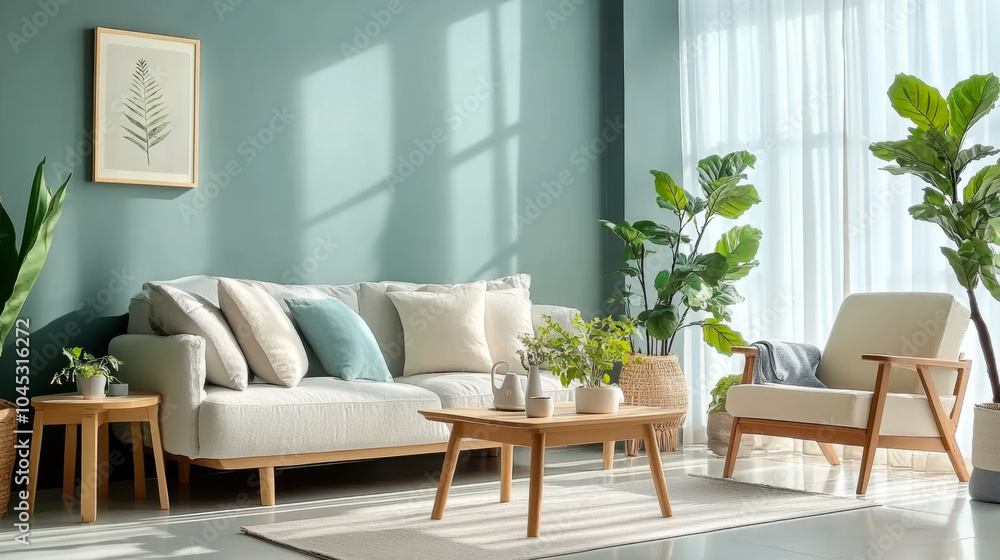 Wooden coffee table and chair. gray sofa against green wall Wooden coffee table and chair. gray sofa against green wall