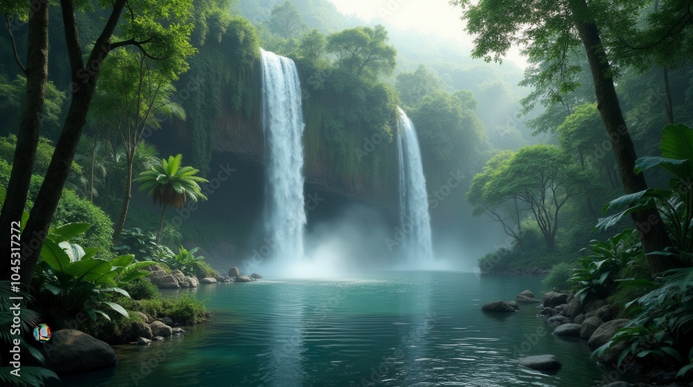 Fototapeta premium Waterfall in forest tropical landscape with green trees and lake in the jungle
