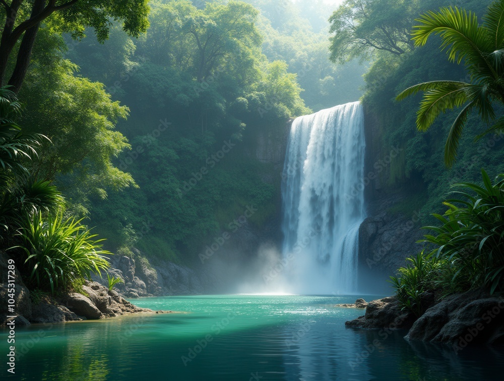 Waterfall in forest tropical landscape with green trees and lake in the jungle Waterfall in forest tropical landscape with green trees and lake in the jungle
