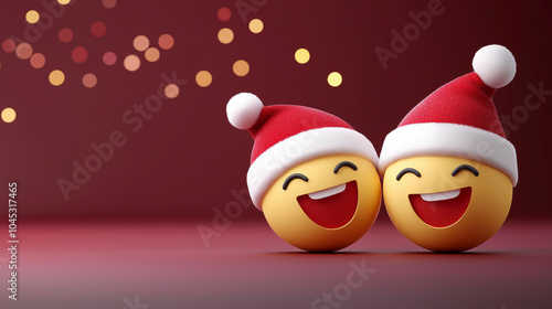Two yellow Christmas emojis with santa hat on red background.	