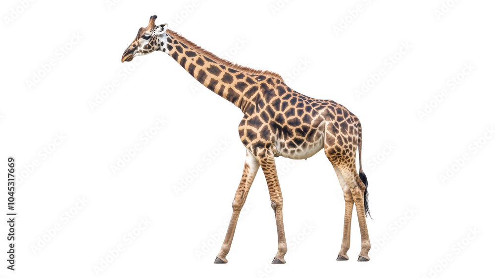 Fototapeta premium A giraffe walks gracefully in a natural habitat during daylight in the savannah, showcasing its distinct patterns and towering height.